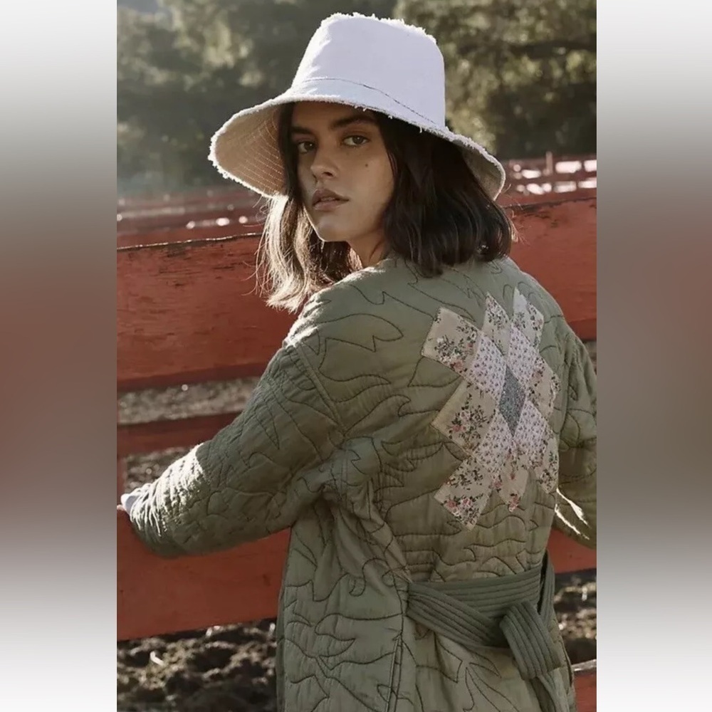 Anthropologie Quilted‎ Patchwork Kimono Jacket Moss Green Sz Large NEW LP Petite - Picture 2 of 13